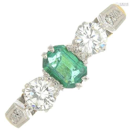 A mid 20th century 18ct gold and platinum emerald and