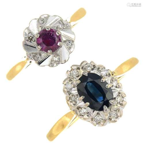 Two 18ct gold diamond, sapphire and ruby cluster