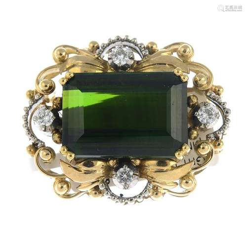 A tourmaline and diamond brooch.Tourmaline calculated