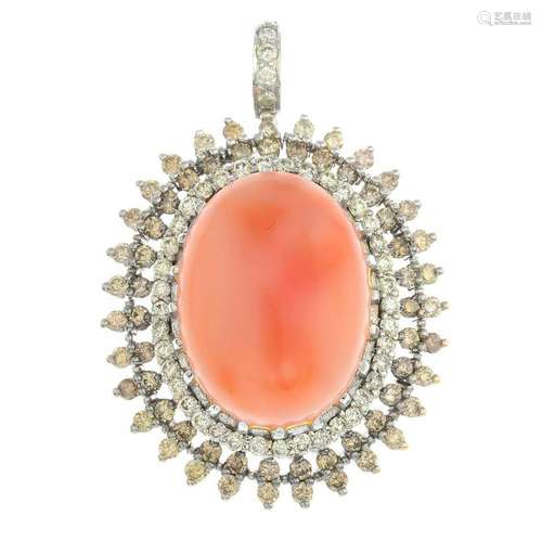 A coral, diamond and 'coloured' diamond pendant.