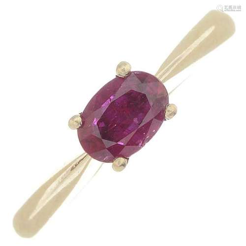 An 18ct gold ruby single-stone ring. Ruby calculated
