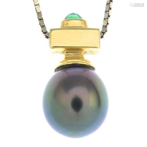 An 18ct gold cultured pearl and emerald pendant,