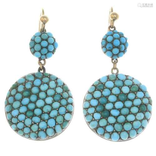 A pair of late Victorian turquoise earrings.Length