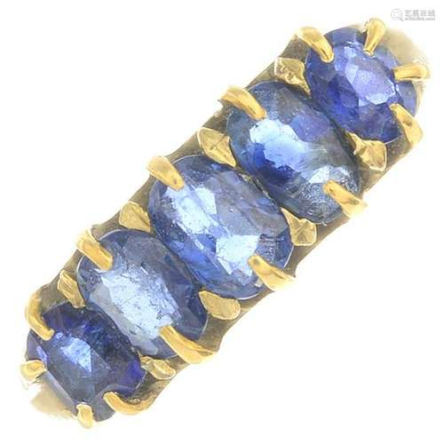 A sapphire five-stone ring.Ring size M. 3gms.