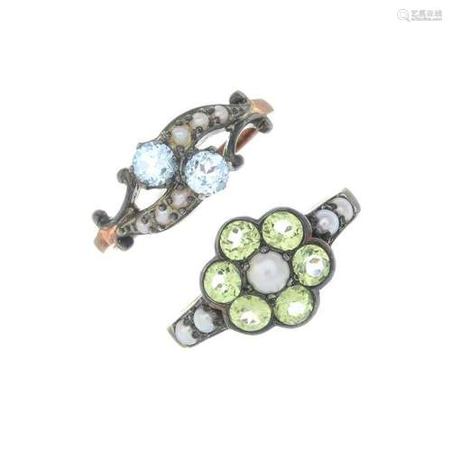 Three dress rings, variously set with garnet, peridot,