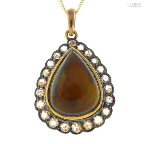 An opal and diamond pendant, suspended from a 9ct gold