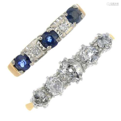 Two diamond and sapphire five-stone rings.Estimated