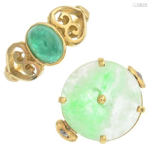 A 9ct gold emerald ring,  together with two jade and
