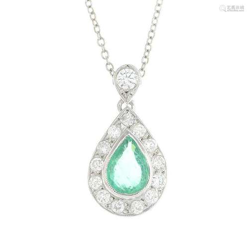 An emerald and diamond cluster pendant, with a