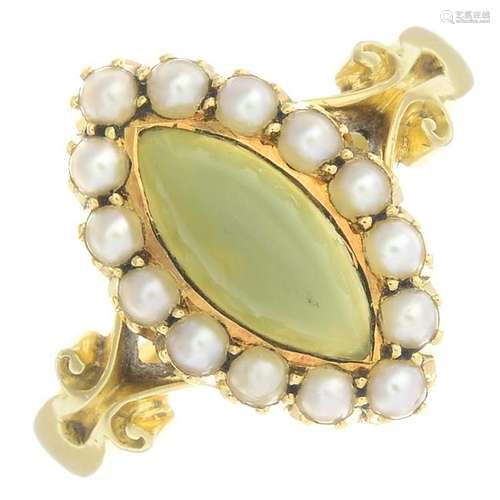 A green chalcedony and split pearl cluster ring.Stamped