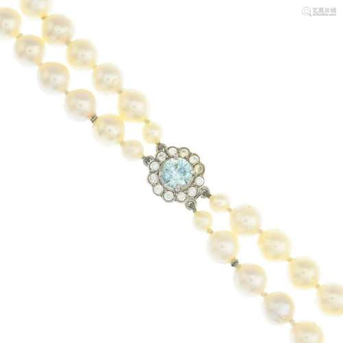 A cultured pearl two-row necklace, with zircon cluster