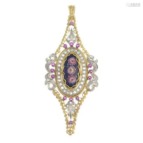 A ruby, diamond and enamel pendant.May be worn as a