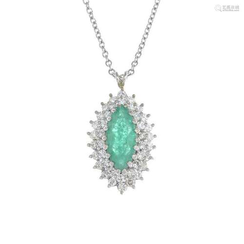 An 18ct gold emerald and diamond cluster pendant,