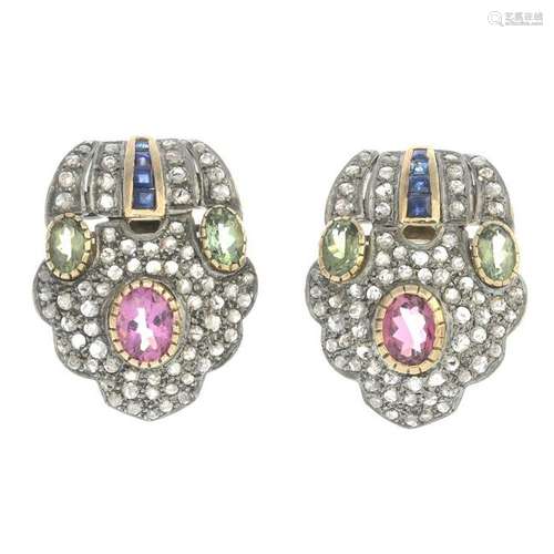 A pair of diamond, tourmaline and sapphire earrings.