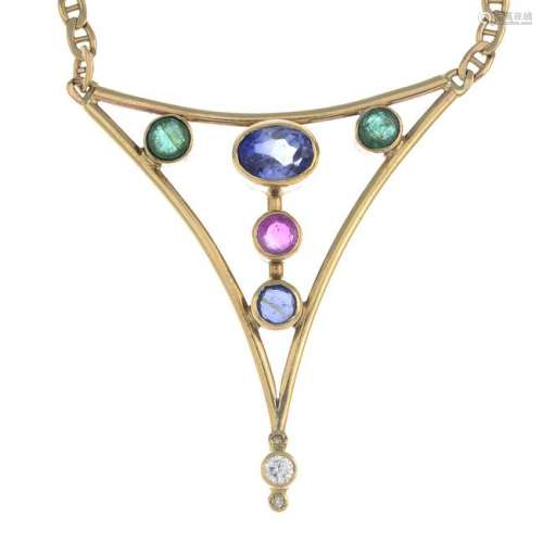 A 9ct gold sapphire and emerald necklace.Import marks