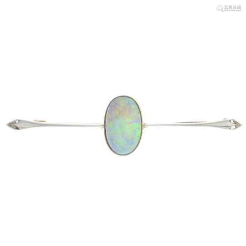 An opal bar brooch. Estimated dimensions of opal 13.5