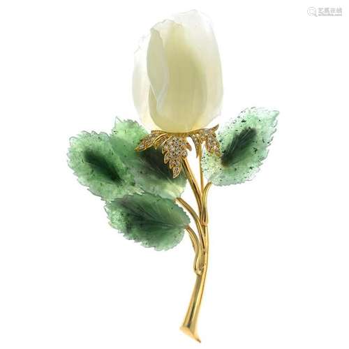 A bowenite, nephrite and diamond flower brooch.