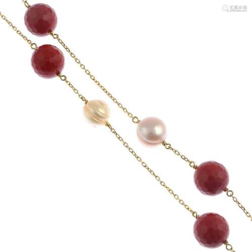 A coral and cultured pearl necklace.Approximately seven