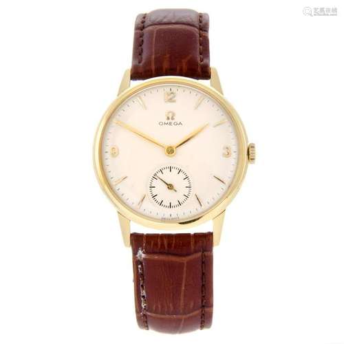 OMEGA - a gentleman's wrist watch. Yellow metal case,