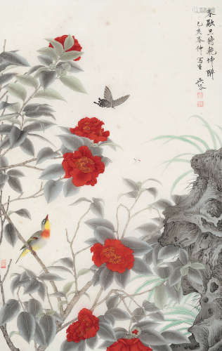 吴泰（b.1962） 2019年作 山茶小鸟 镜框 设色绢本