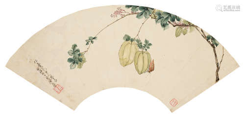 居廉（1828～1904） 1874年作 杨桃草虫 扇面 设色纸本