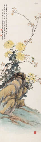 容祖椿（1872～1942） 1921年作 菊石草虫 镜框 设色绢本