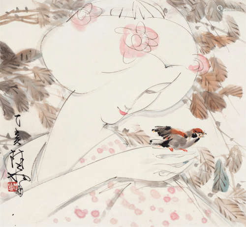林墉（b.1942） 2007年作 少女与麻雀 镜框 设色纸本