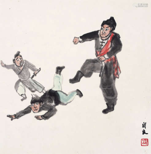 关良（1900～1986） 武松醉打蒋门神 镜框 设色纸本