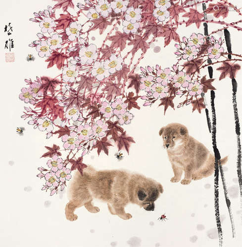 方楚雄（b.1950） 红花双犬 镜框 设色纸本