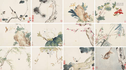 居廉（1828～1904） 花鸟册页 镜片 （十二开） 设色纸本