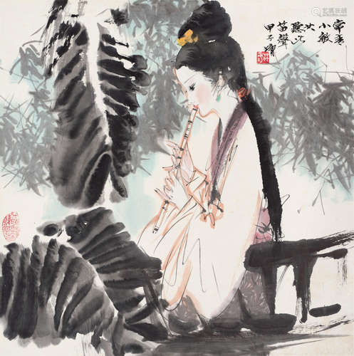 林墉（b.1942） 1984年作 听笛图 镜框 设色纸本