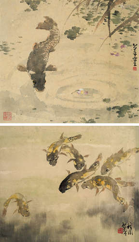 黄独峰（1919～1998） 1934年作 游鱼图 （二桢） 镜框 设色纸本