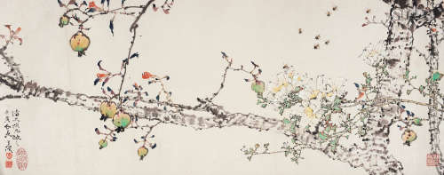 杨善深（1913～2004） 1950年作 石榴蜜蜂 镜框 设色纸本