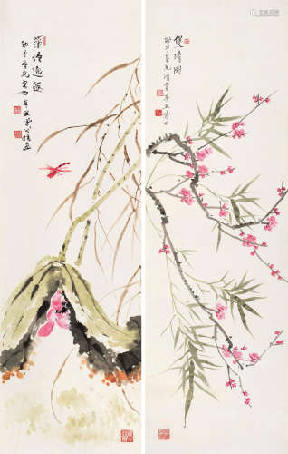 李凤公（1883～1967） 1961年作 双清图 蒲塘意趣 镜片 （二开） 设色纸本
