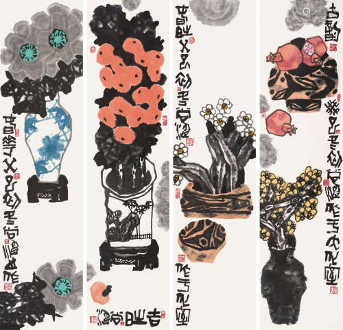 尚涛（b.1938） 2013年作 花卉四屏 镜片 设色纸本