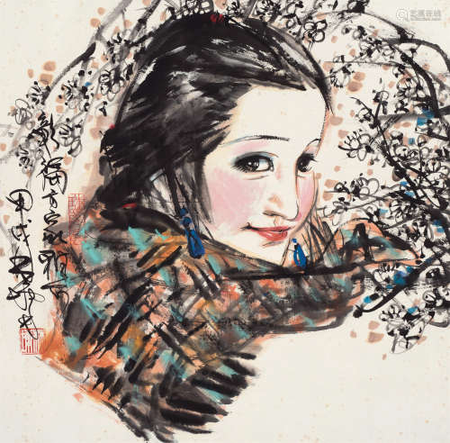 林墉（b.1942） 1994年作 梅花美女 镜框 设色纸本