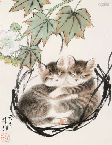 方楚雄（b.1950） 2003年作 双猫 镜框 设色纸本