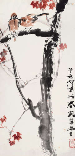 杨善深（1913～2004） 枫叶小鸟 镜框 设色纸本