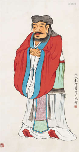 李凤公（1883～1967） 1958年作 孔子像 镜框 设色纸本