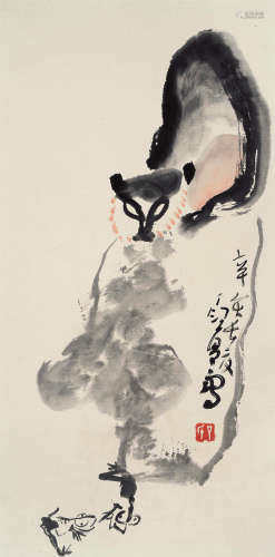 丁衍庸（1902～1978） 1971年作 猫戏图 镜框 设色纸本