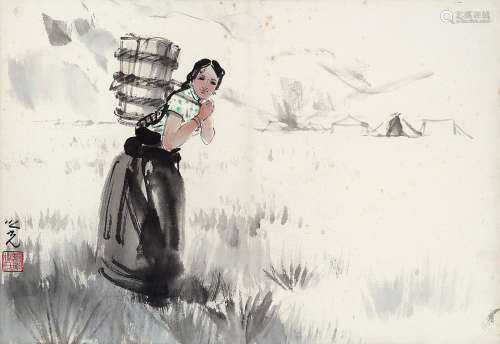 杨之光（1930～2016） 背篓少女 镜框 设色纸本