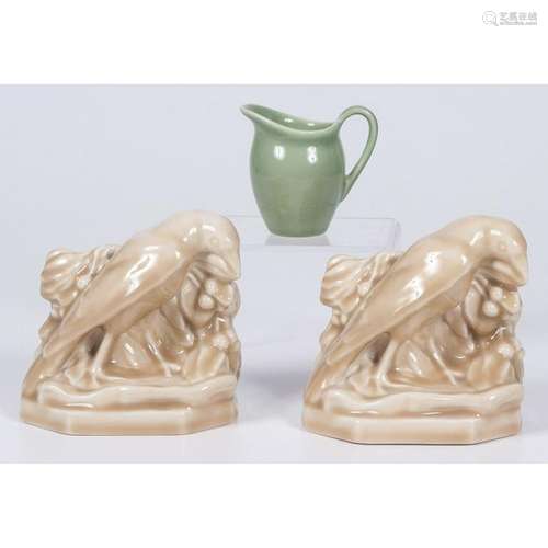 Rookwood Pottery Rook Bookends and Miniature Pitcher