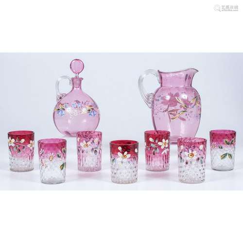 Painted Cranberry Glass Pitcher, Decanter and Tumblers