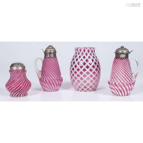 Cranberry Glass Syrup Pitchers, Sugar Shaker and Vase