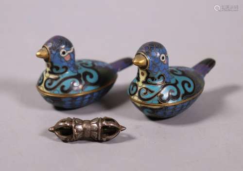 Pr Chinese Cloisonne & Gilt Bird Boxes; Iron Vajra