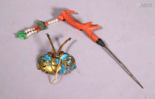 2 Chinese Qing Dynasty Hairpins; Coral Jadeite Etc