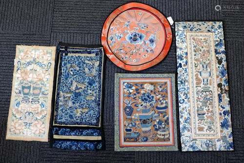 5 Early Chinese Embroidered Silks & Borders