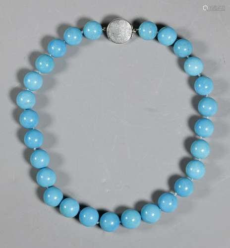 Turquoise Bead Necklace Sterling Closure; 97.5G