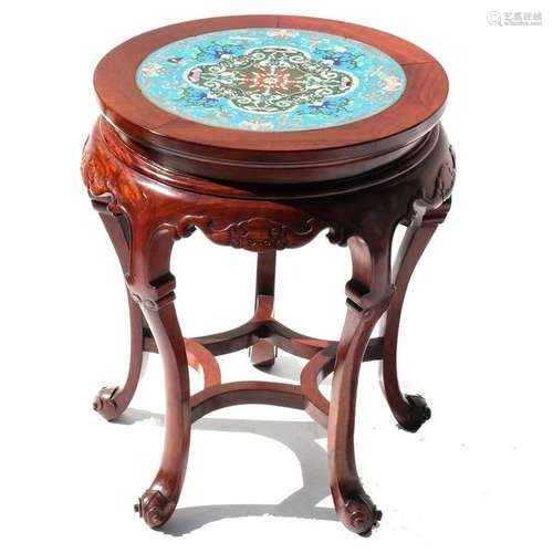 Chinese Cloisonne Hardwood Taboret 5-Legged Table