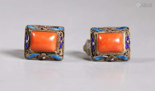 Chinese Coral Cabochons Gilt Wire Earrings